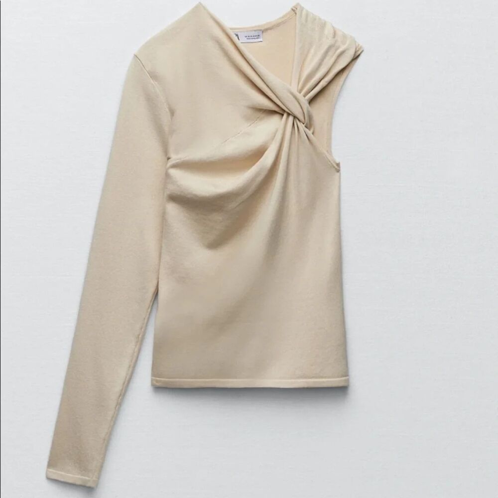 Zara NWT Size S Beige One Shoulder Twist Knot Long Sleeve Knit Top - Picture 2 of 8